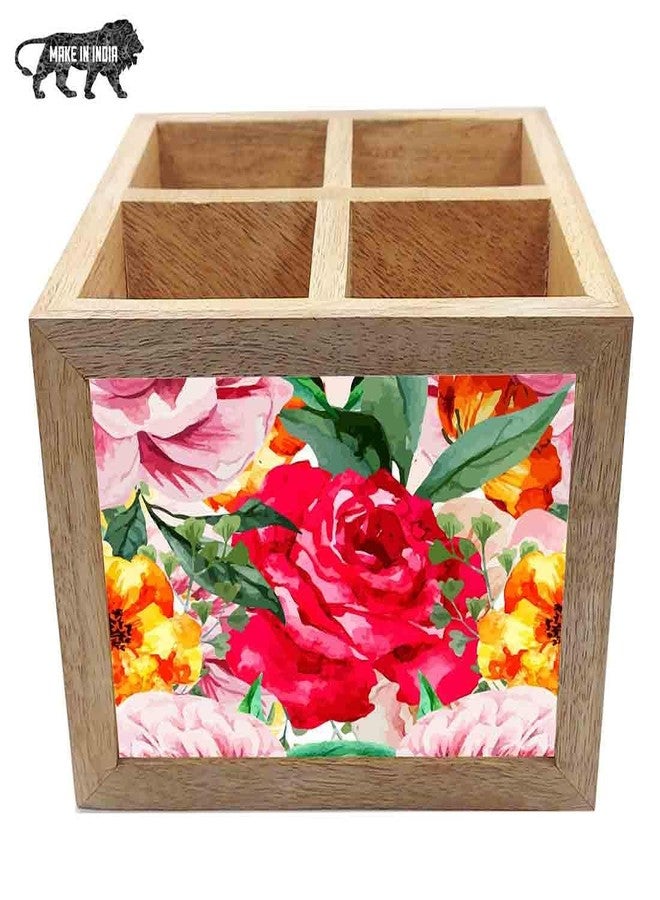 نتكيس حامل أدوات مائدة خشبي من نوتكيس، منظم ملاعق وشوك وسكاكين، مناسب لطاولة الطعام والمطبخ - صنع في الهند - الملاعق غير متضمنة - مزين بالورود - Image 5